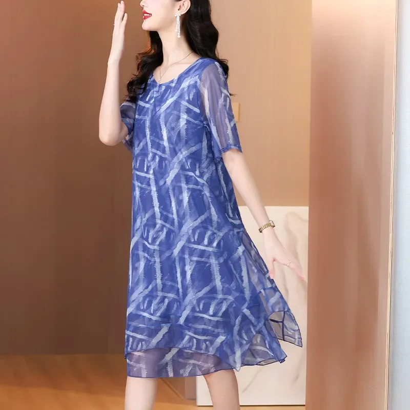 Elegant Blue Geometric Print A-Line Dress With Sheer Overlay Casual Summer Style For Women