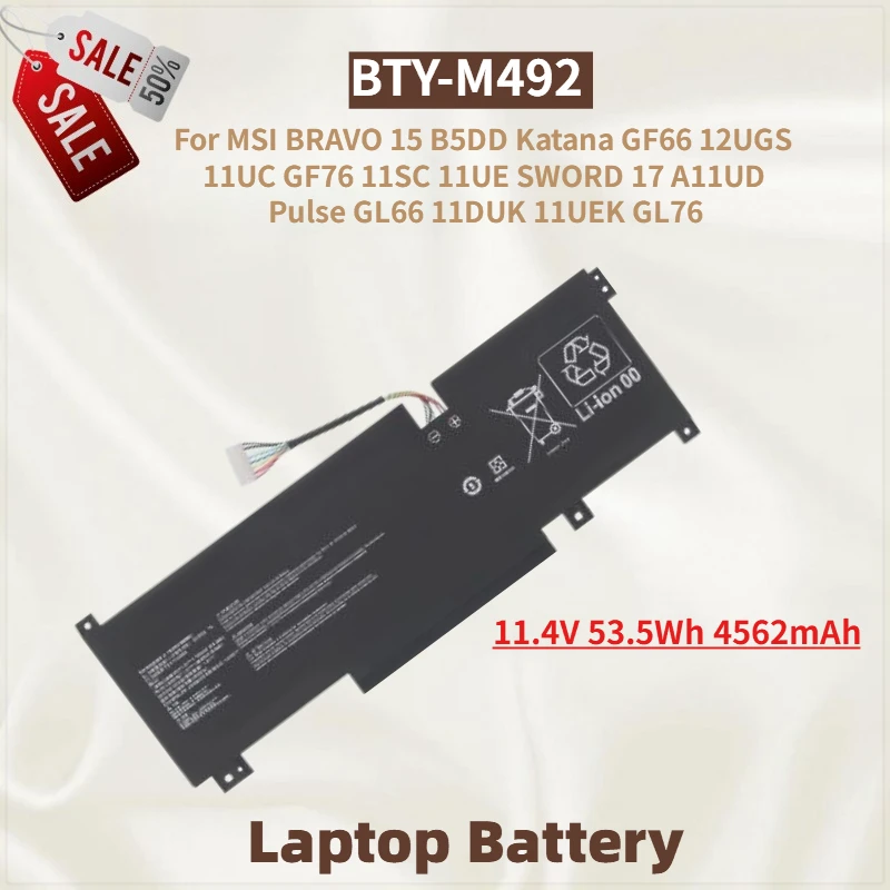 

Laptop Battery BTY-M492 11.4V 52Wh 4562mAh for MSI BRAVO 15 B5DD SWORD 17 A11UD Pulse GL66 11DUK 11UEK GL76 Katana GF66 12UGS