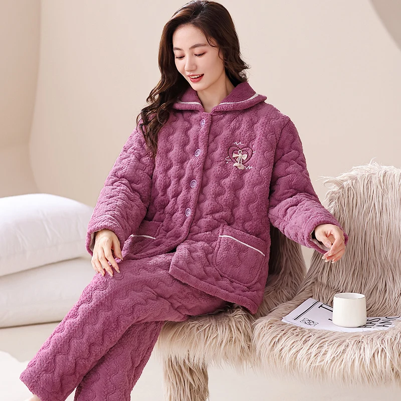 Big Size M-3XL Winter Three-layer Clip Cotton Pajamas Set Women Warm Home Clothing