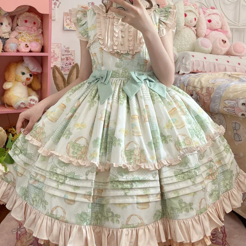 

Women Victorian Retro Ruffle Grape Print Bandage Bow Trailing Princess Dresses Party Mini Dress Japanese Kawaii Lolita Jsk Dress