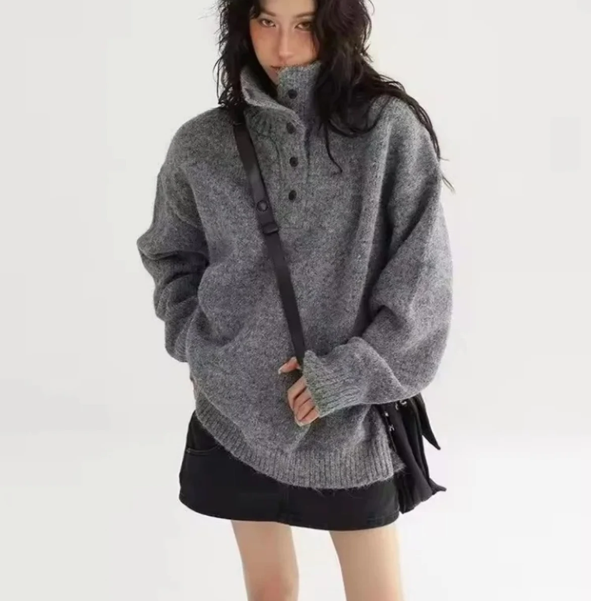 

Lazy Fashion Solid Vintage Button Streetwear Korean Gray Turtleneck Knitted Sweater Casual Tops Men Women Autumn Winter Loose