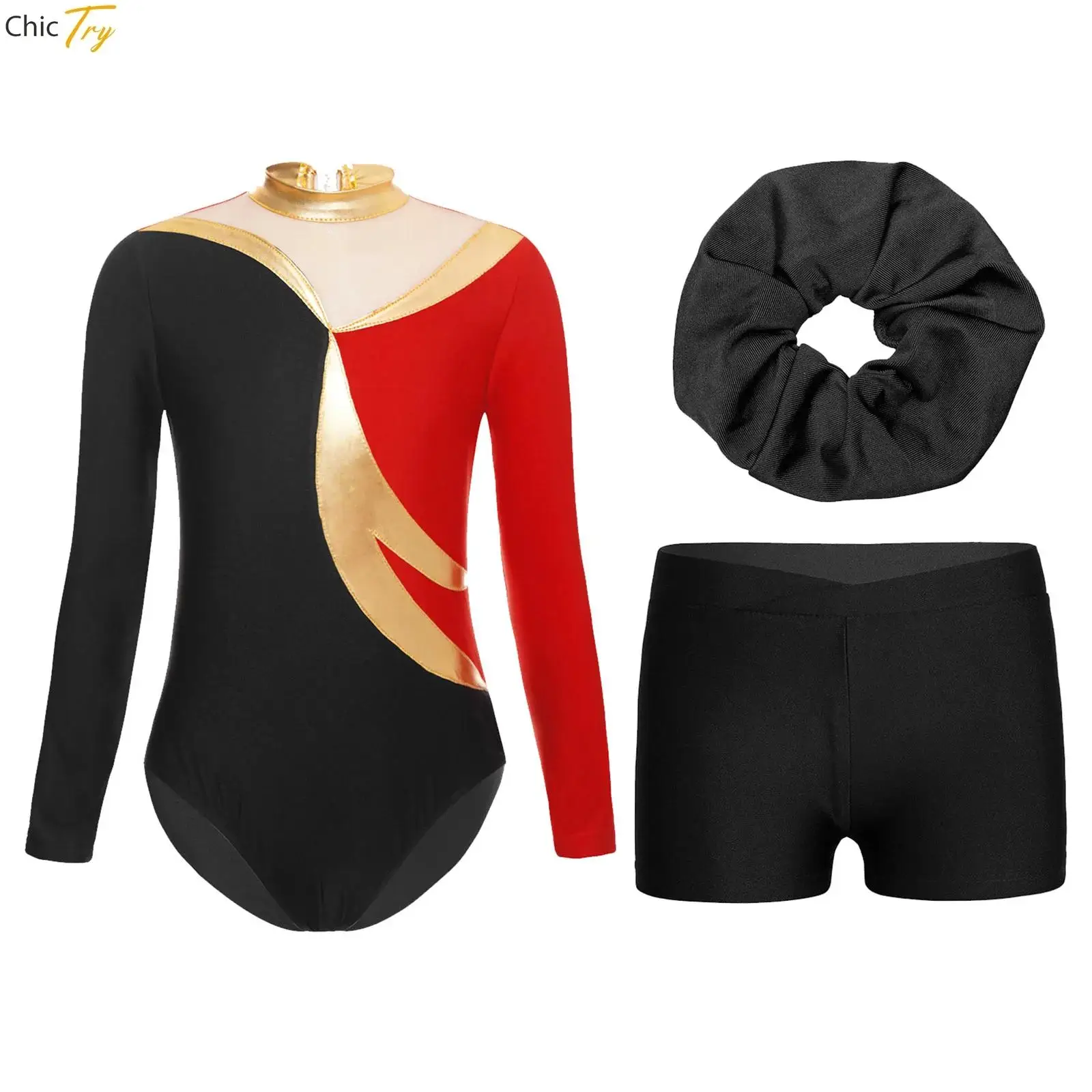 

Kids Girls Ballet Leotard Set Gymnastics Bodysuit with Shorts Hair Band Dancewear Sleeveless Rhinestone Figure Skating Unitards