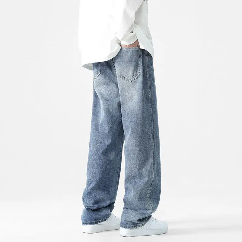 Men's Loose Retro Jeans Washed With Spring And Autumn Fashion High Street Wide Leg Straight Leg Casual Trend Blue Pants