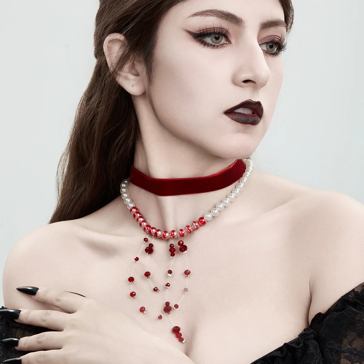 Choker Necklace Black Velvet Gothic Faux Pearl Crystal Tassel Blood Drop Pendant Adjustable Halloween Party Jewelry Women