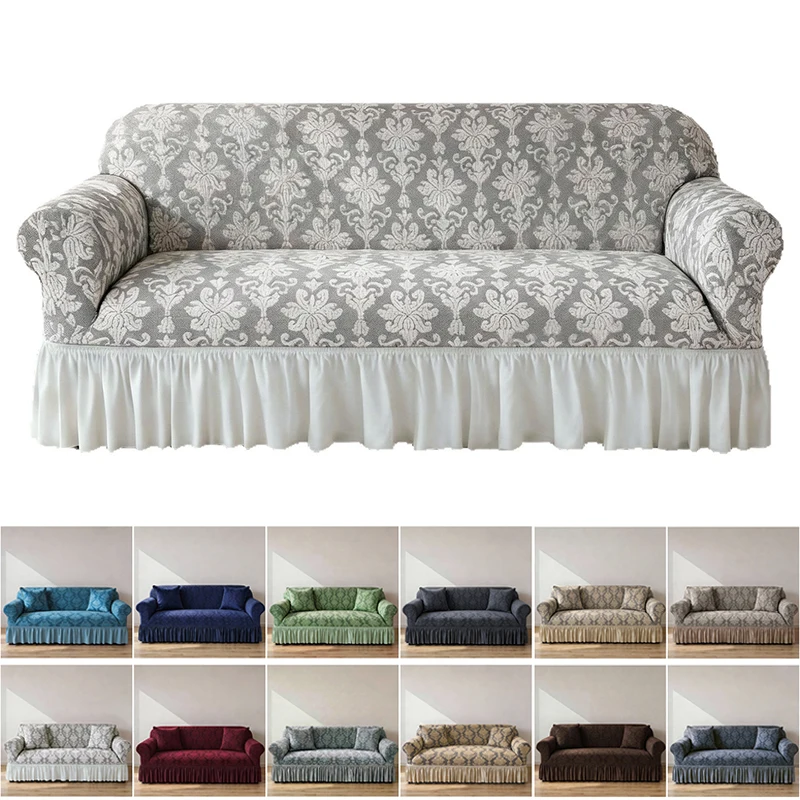 French Vintage Jacquard Sofa Cover with Ruffle Skirt All Round Elastic Breathable Universal Couch Protector for 1/2/3/4 Seater