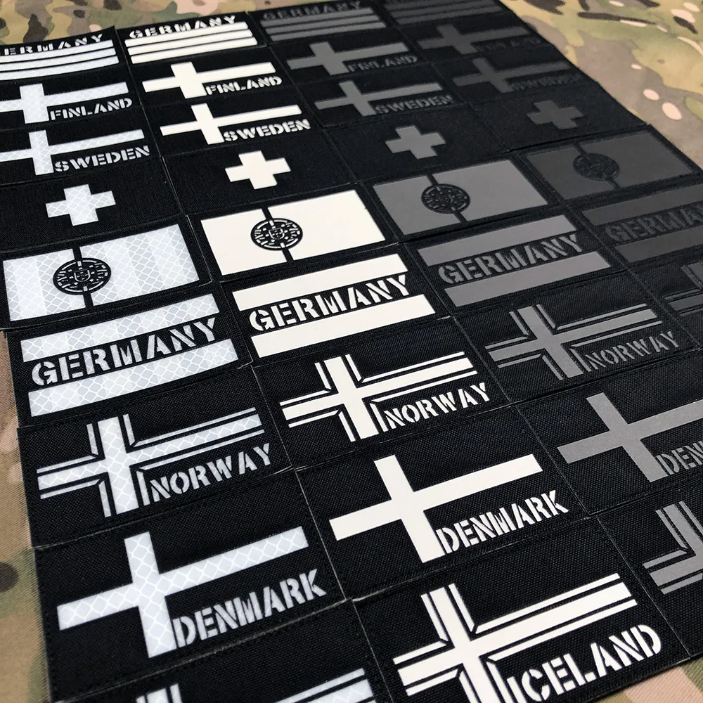 

Laser Black Cut IR Reflection Luminous Sweden Switzerland Finland Norway Iceland Germany Portugal Denmark Flag Patch