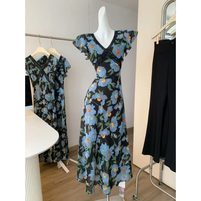 Elegante Süße V-ausschnitt Lange Chiffon Kleid Frauen 2025, Sommer Spitze Patchwork Slim Fit Midi Sommerkleid Weibliche Frau Kleidung