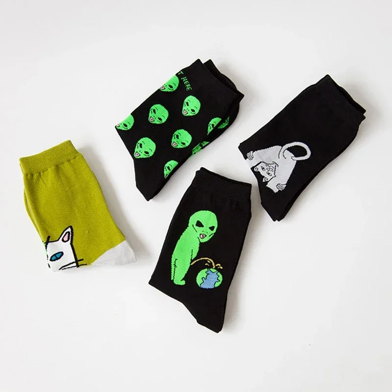 5Pairs Funny Alien Printed Women Cotton Socks Planet Creative Funny Cartoon Cat Ladies Sock For Hight school Girls Soft Cozy
