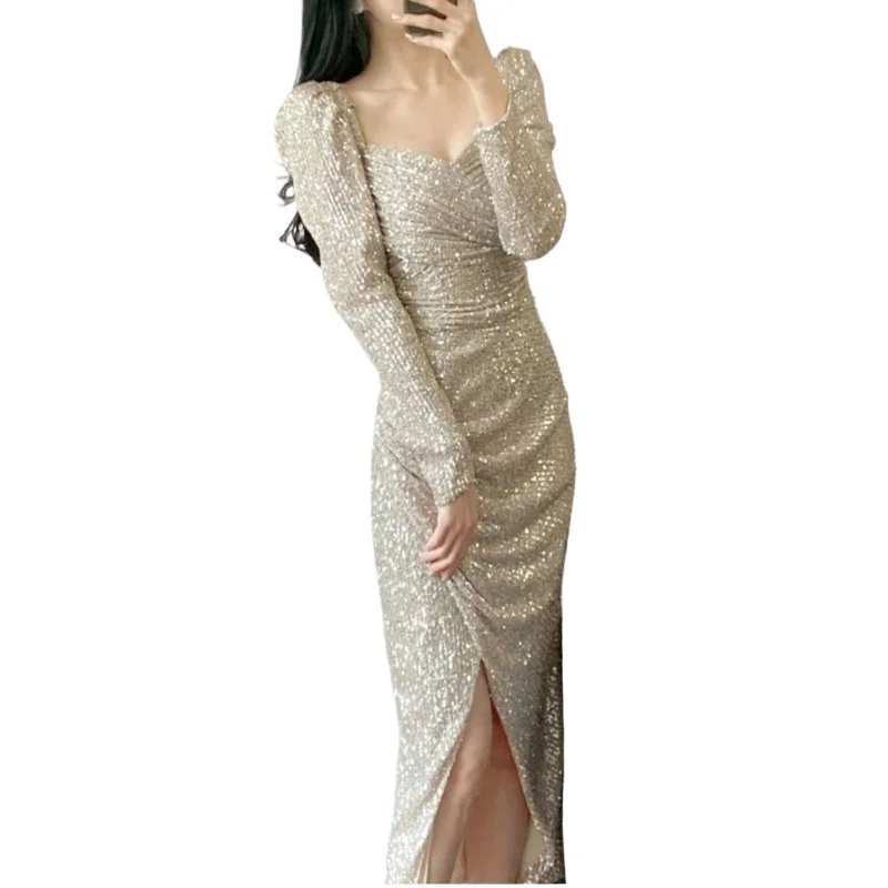 Robe de Soirée de Couleur Champagne pour Femme, Tenue de Luxe Légère, avec Fouet, pour Banquet et Fiançailles, Hôte, Nouveauté