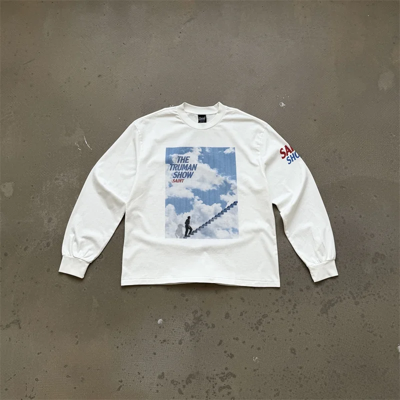 Koszulka z długim rękawem z białego betonu z wzorem High Street, męska i damska, oversize, bawełna premium.
