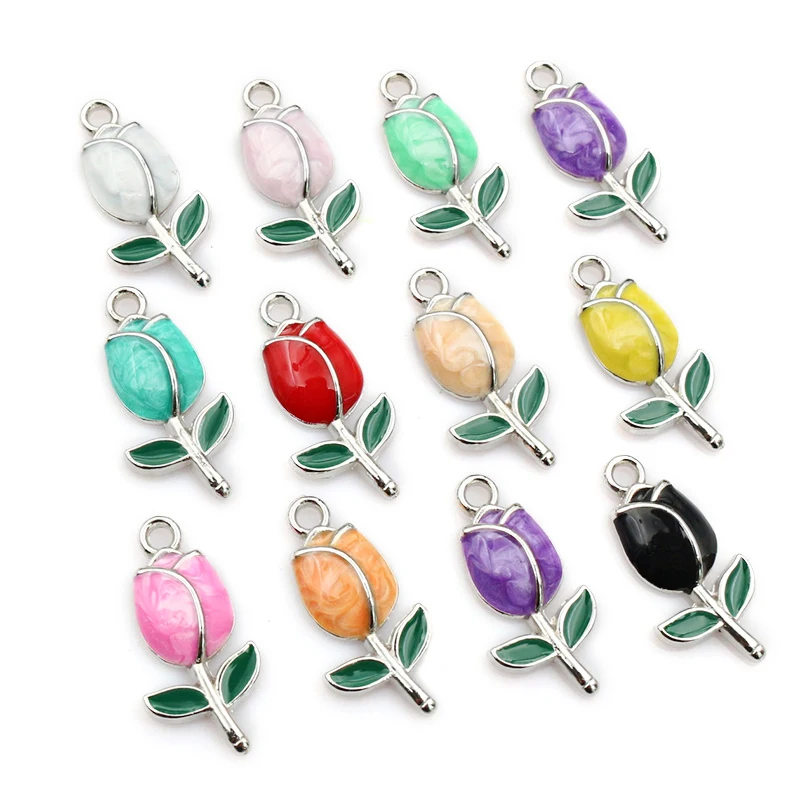 20pcs 21x10mm Enamel Rose Bud Flower Charms Pendant Alloy Metal DIY Jewelry Making Accessories Findings for Necklace Earrings - view 3
