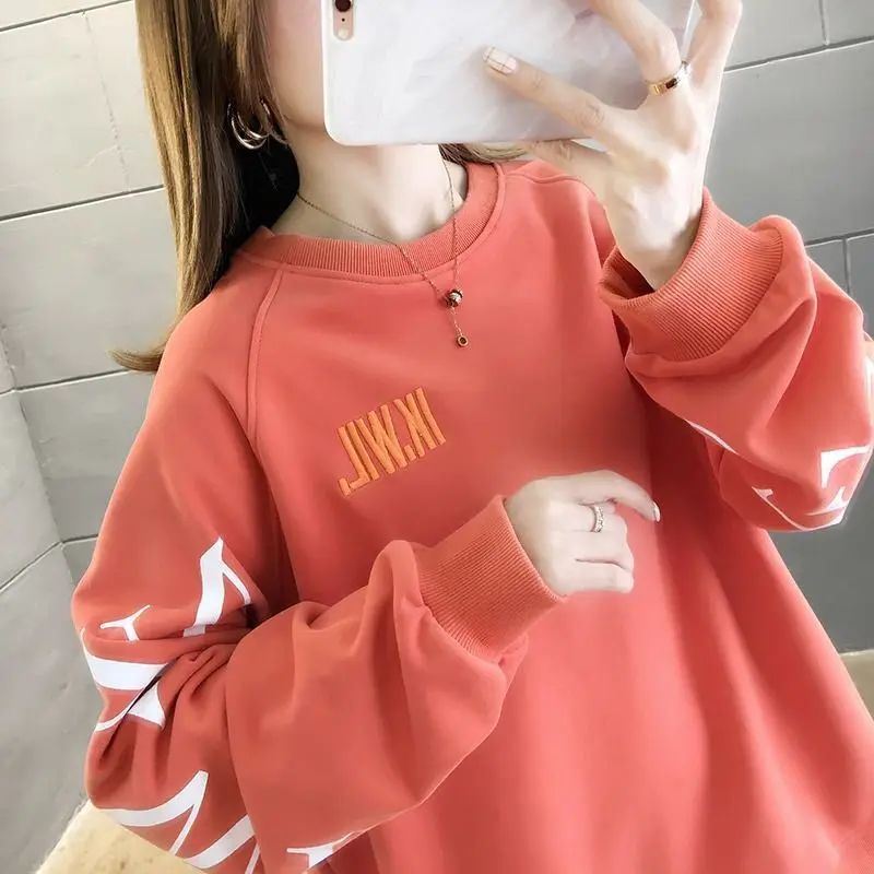 Autumn Winter All-match Loose Letter Embroidered Lantern Long Sleeve Women\'s Clothing Round Neck Pullover Office Lady Tops