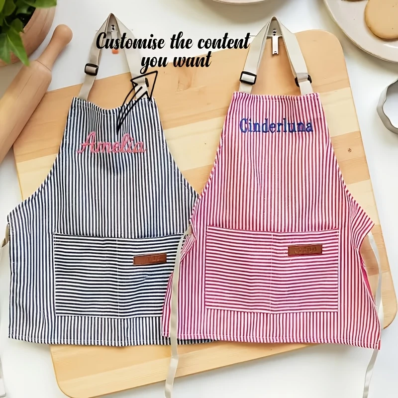 Custom Name Striped Apron with Pockets, Great for Cooking and Parties, Couple Apron Set Prefect Gifts for Wedding & Housewarming