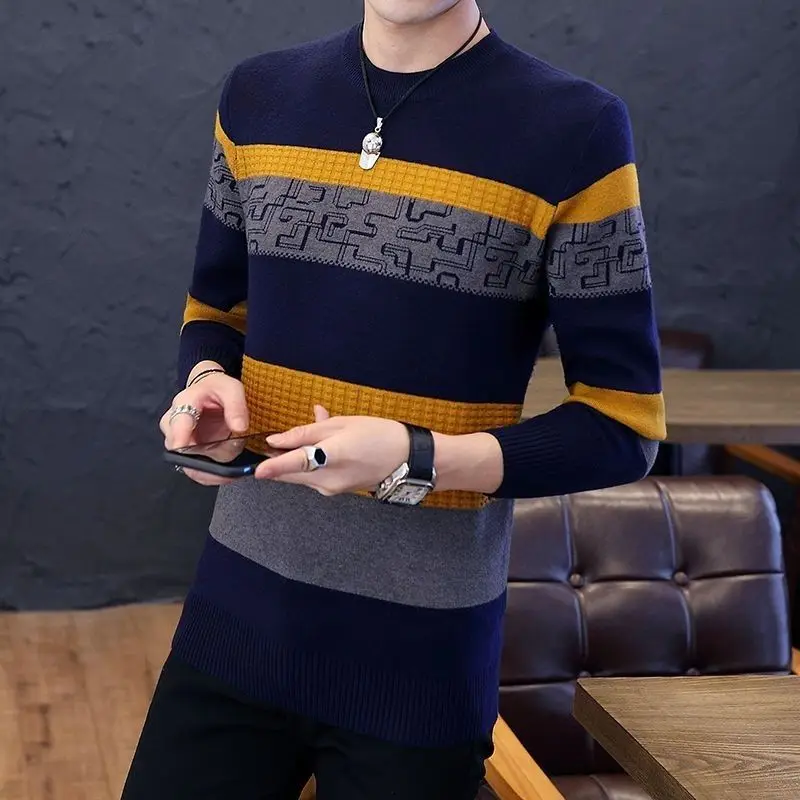 Spring and Autumn New Korean Casual Versatile Slim Fit Round Neck Long Sleeve Men's Contrast Design Trendy Sweatshirt