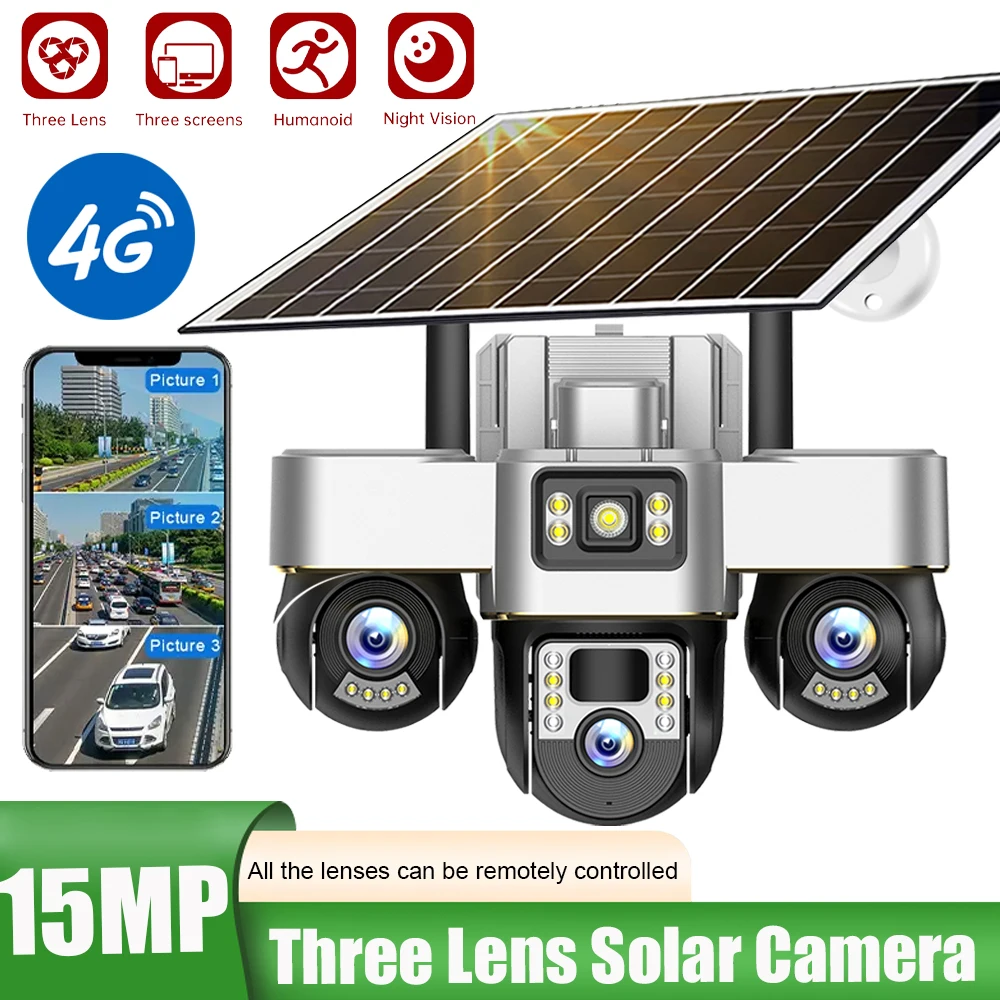 

4G Sim Solar Camera Three Lens Three Screen 15MP 10X Digital Zoom Outdoor Surveillance Cameras Built-in Battery Ptz Solar Panel