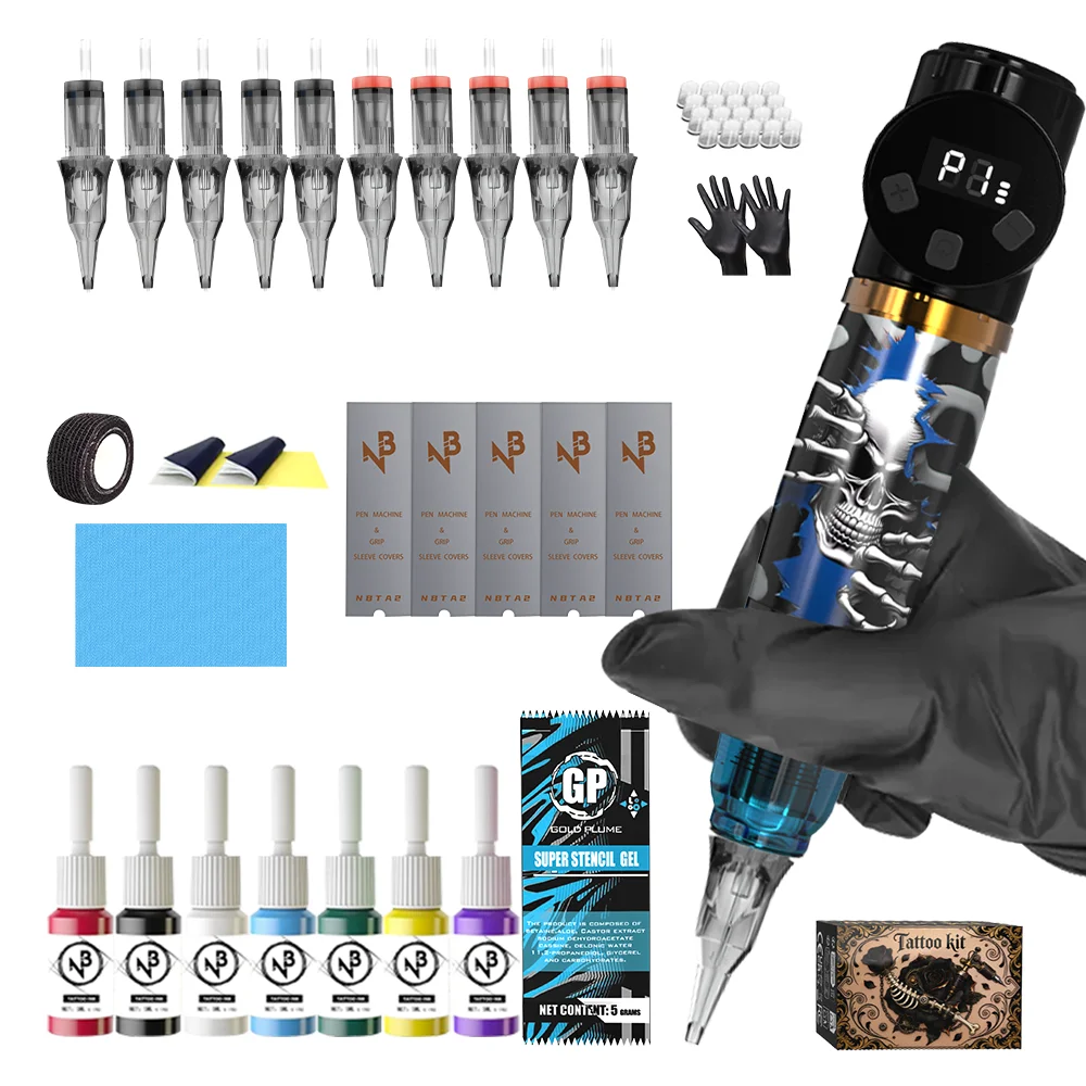 

Gold Plume Professional Wireless Rotary Tattoo Pen Kit 1100mAh Large Capacity Battery 10 Tattoo Needles 5ml*7 Permanent Ink Complete Tattoo Set For Artists
