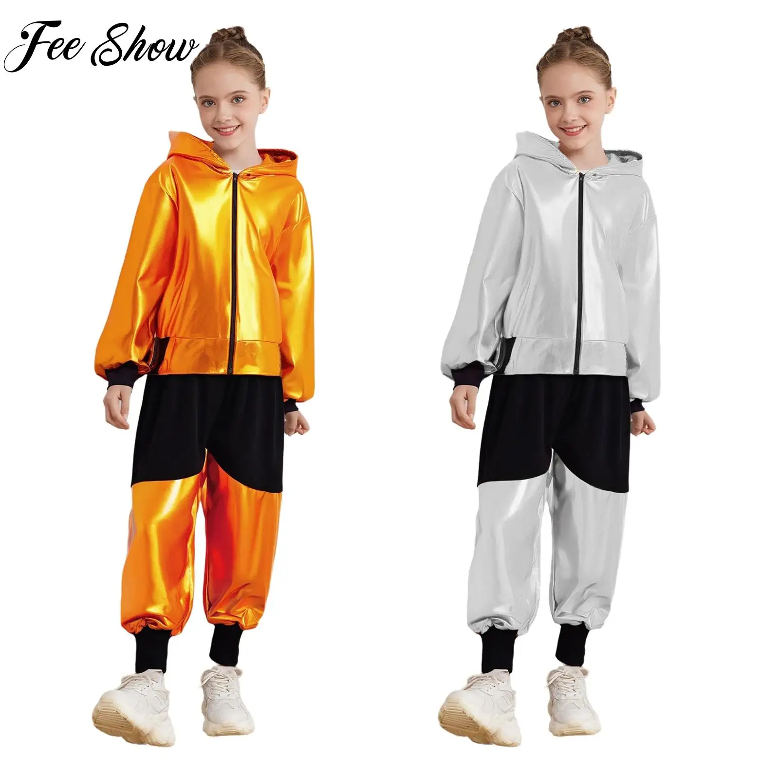 

Girls Boys Hip-Hop Sets Jazz Dance Costume Street Wear Long Sleeve Zipper Metallic Hooded Jacket+Stretchy Pants Performance Set