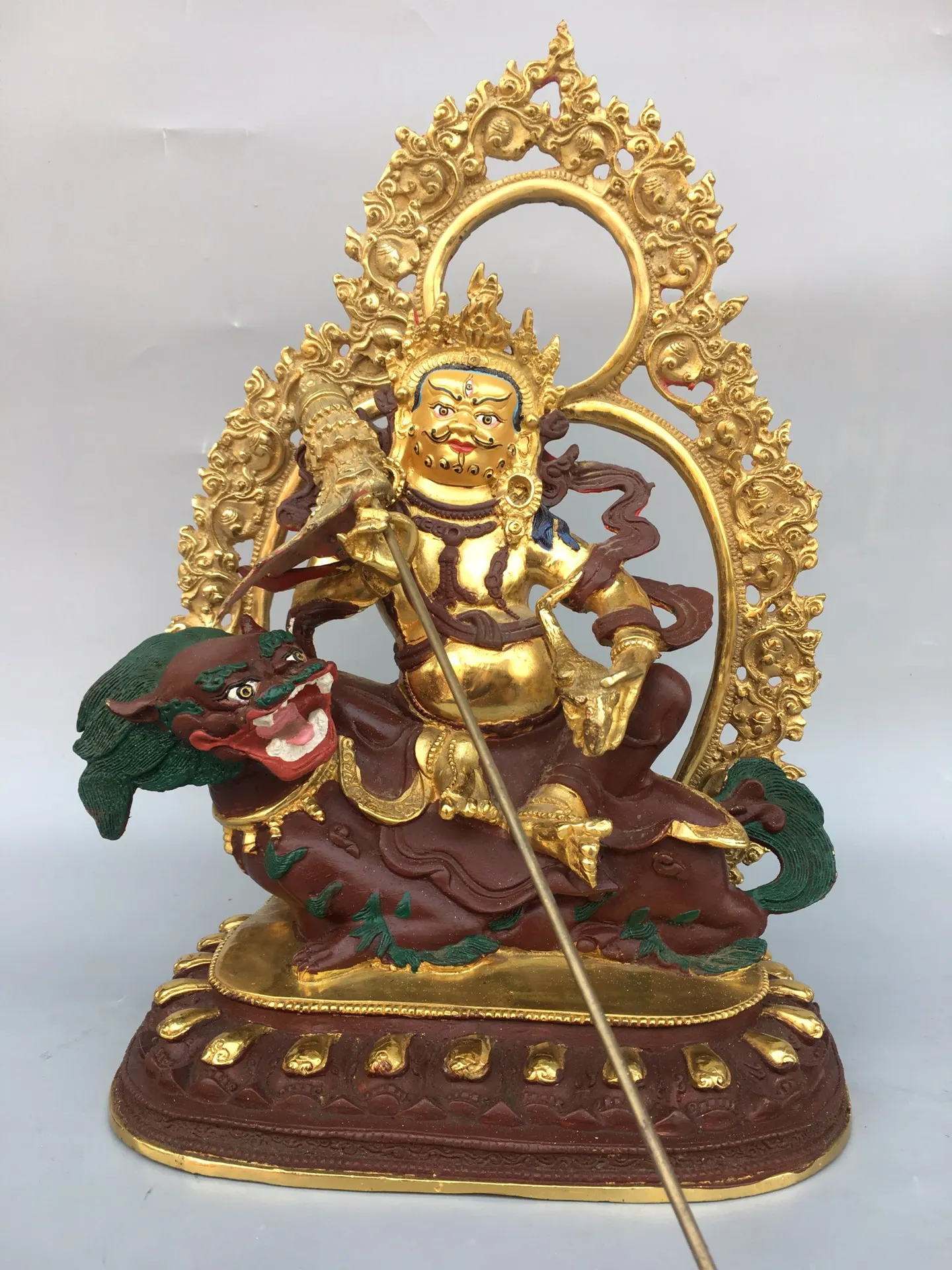 

14"Tibetan Temple Collection Old Bronze Gilded Painted Face King of Wealth Vaisravana Backlit Buddha Lotus Worship Hall