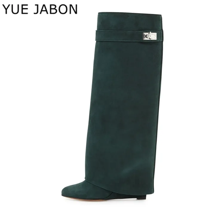 Silver Metal Shark lock Knee high Boots Women Pointed Toe Real Leather Wedge Increase Height High Heel Shoes Woman Botines Mujer