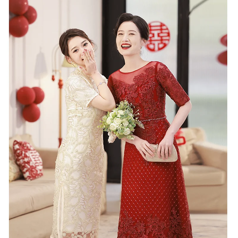 High end Xi mother-in-law wedding banquet attire, evening dress, small young woman, mother's wedding, and foreign,