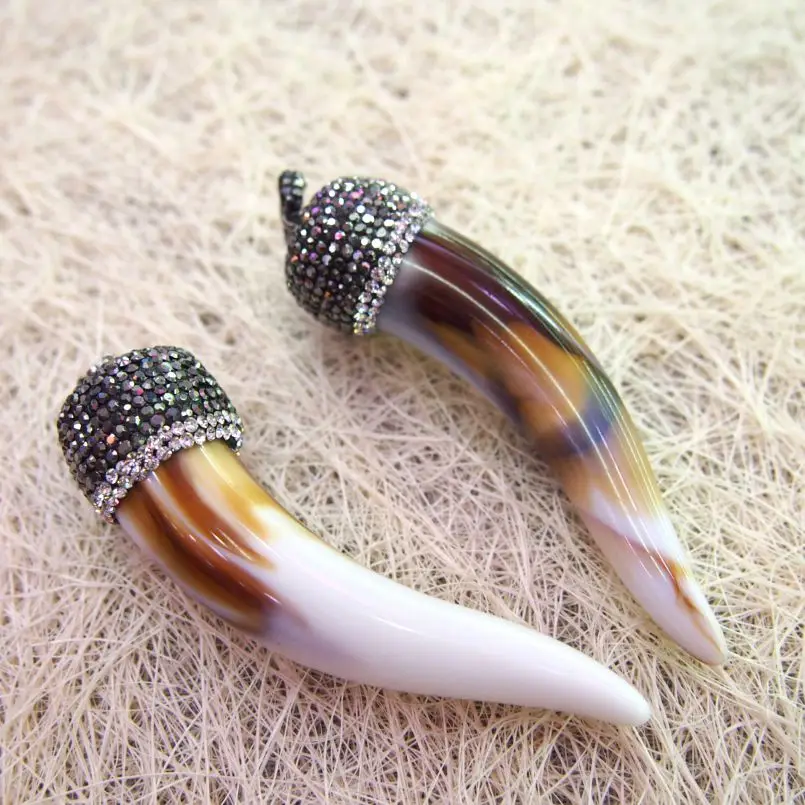 

1Pcs Rhinestone Resin Pendant Horn Tusk Silver Plated 75x20mm Jewelry Special Gift For Women
