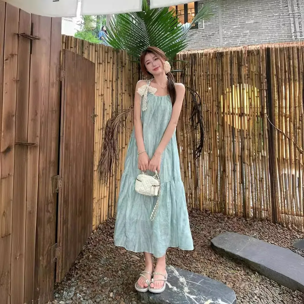 

Летнее женское платье мятного цвета с высокой талией, из смесового полиэстера, с круглым вырезом, для дома и повседневной носки