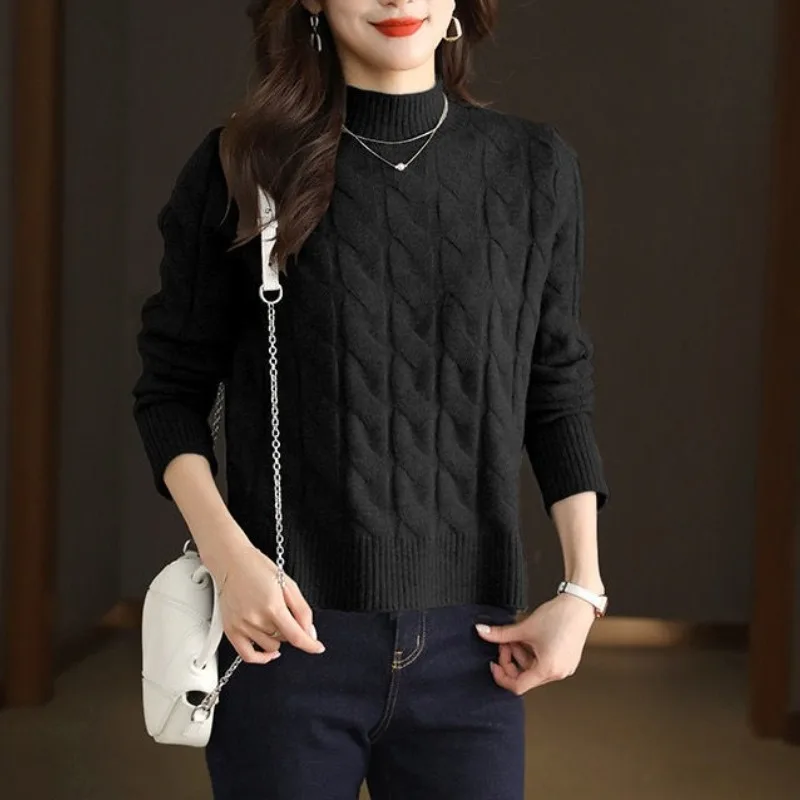 Autumn and Winter Women's Solid Half High Collar Long Sleeve Slim Knitted Sweaters Jumpers Screw Thread Fashion Casual Tops