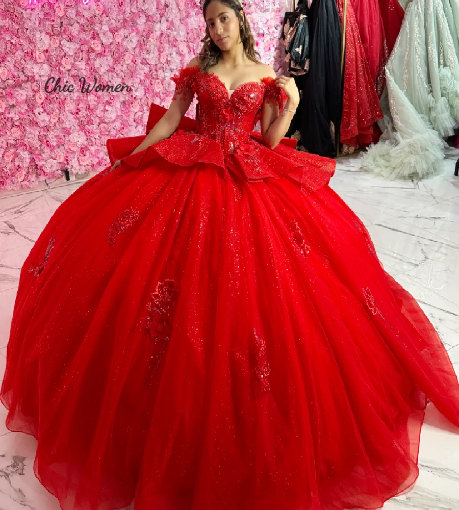 Vestidos de Quinceañera Vermelhos Elegantes 2026, Vestido de Baile Brilhante para Festa de 15 Anos, Vestido de Renda para Debutante, Vestidos de 15 Anos com Miçangas, Vestido de Princesa para Aniversário de Quinze Anos