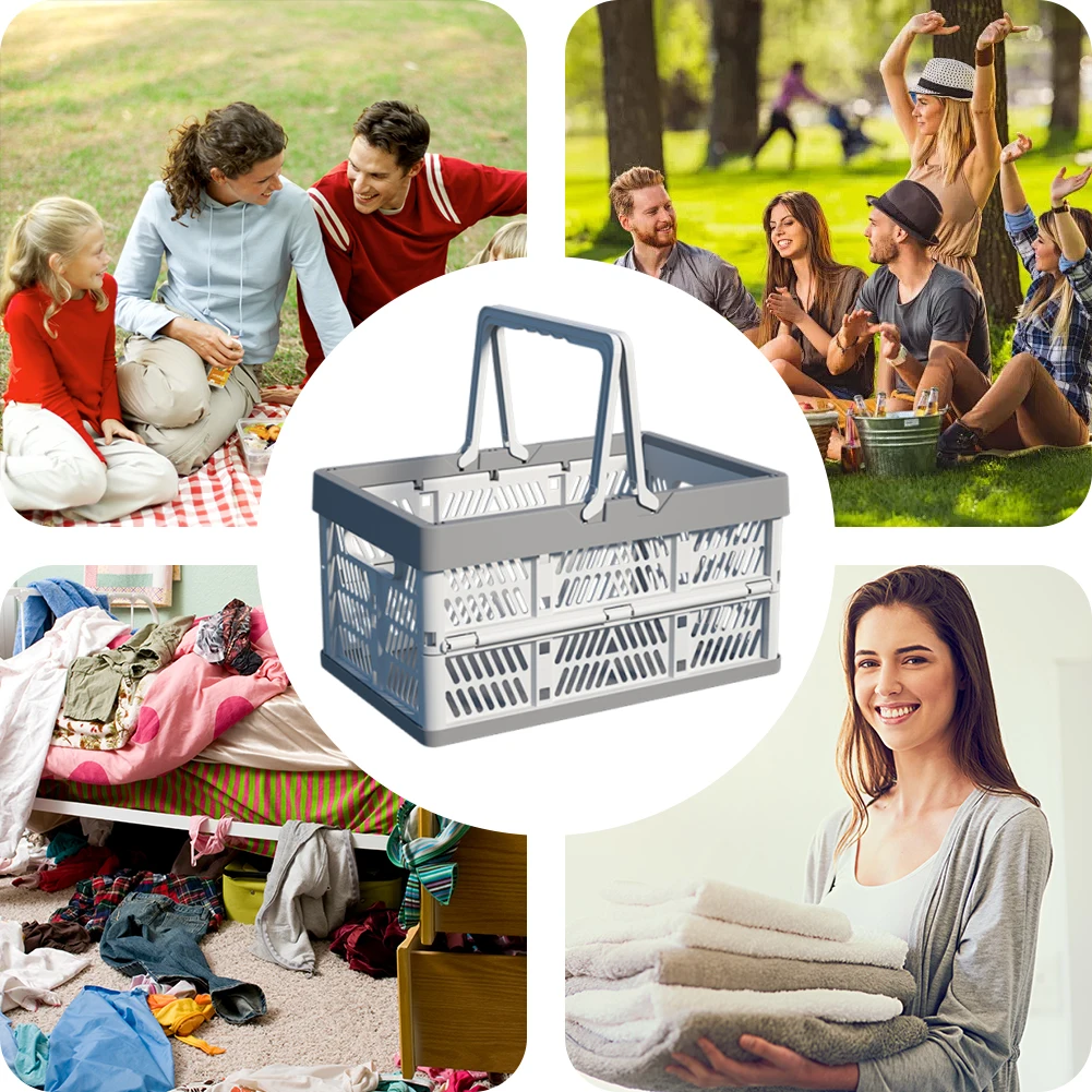 قفص بمقبض بلاستيكي قابل للطي مع سلال تخزين بمقابض كبيرة قابلة للتكديس لغرفة المعيشة في المطبخ وتنظيم سطح المكتب #3