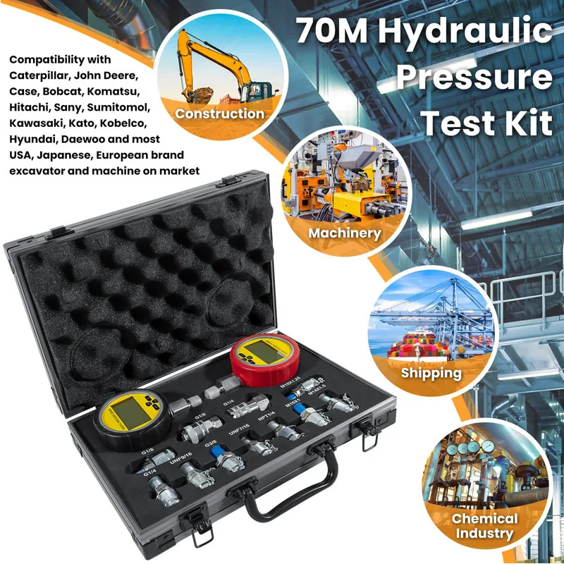 

70M Digital Hydraulic Pressure Test Kit Fit for Excavator Construction Machinery 2 Gauges 2 Test Hoses 11 Couplings 700BAR/70Mpa