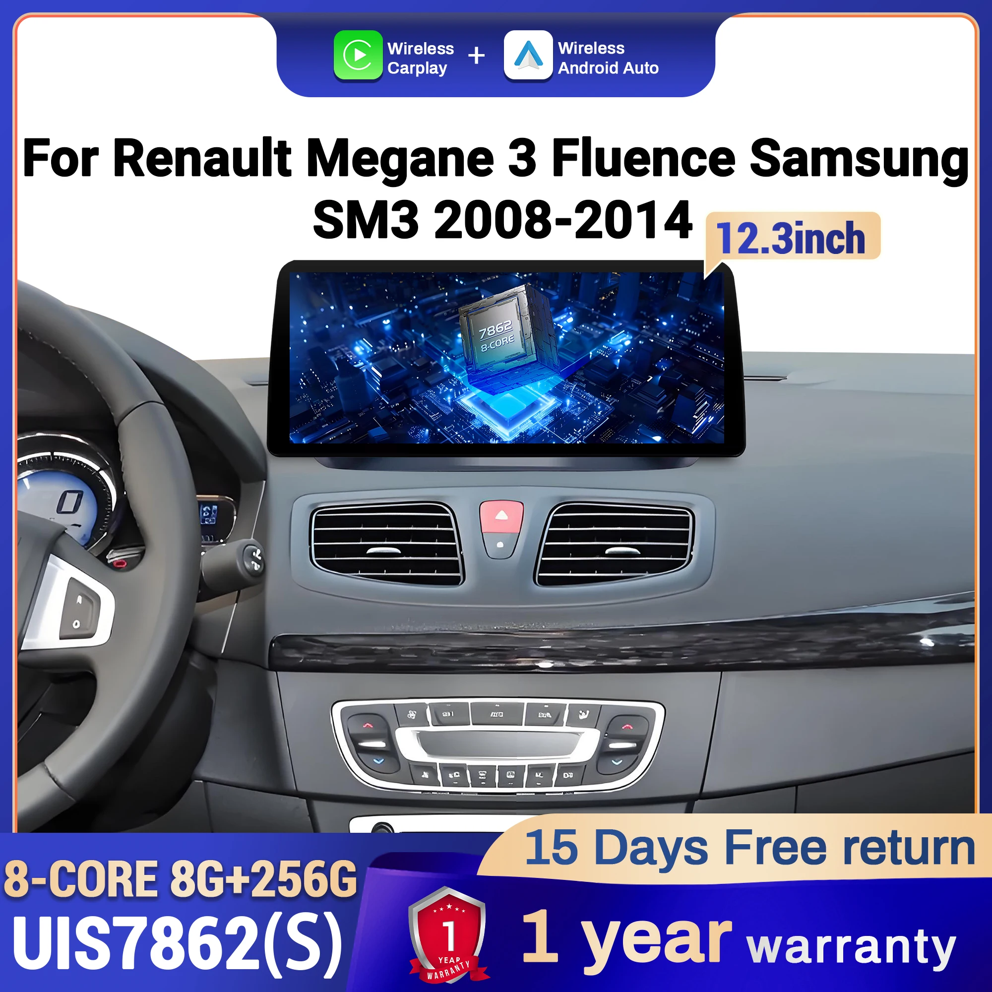 12.3 inch Android 14 For Renault Megane 3 Fluence Samsung SM3 2008 2009 2010-2014 BT Carplay Car Radio Multimedia Touch Screen