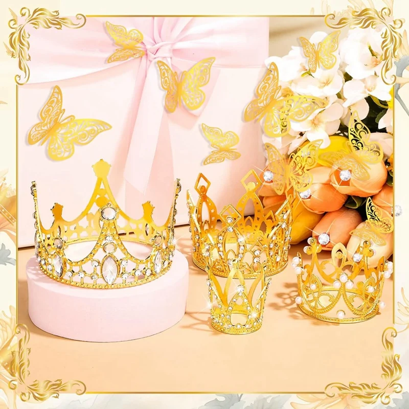 Gold Crowns For Flower Bouquet Accessories, 4 Pcs Cake Crown Topper, 12 Pcs Butterfly Decorations And 50 Pcs Flower Pins