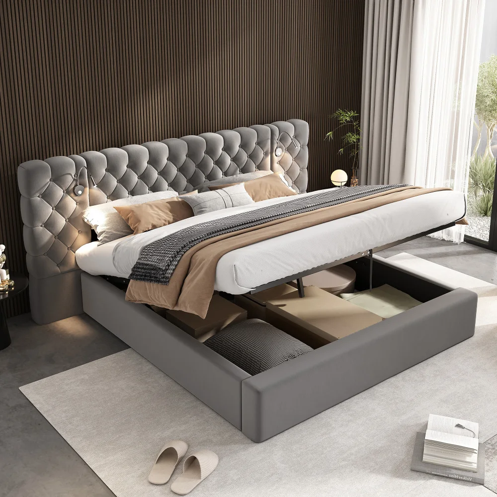 Letto matrimoniale rivestito in velluto grigio, dimensioni 160×200 cm / 180×200 cm, con meccanismo idraulico per sollevare il letto e creare spazio di archiviazione, ampio vano contenitore, testiera