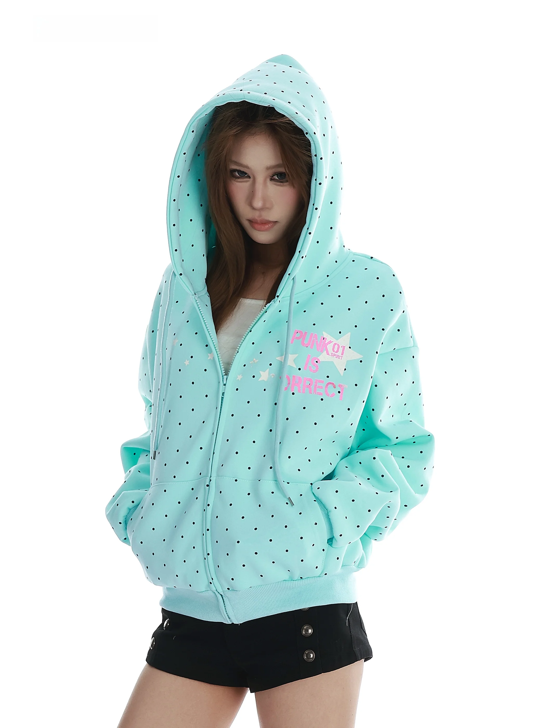 

VINMUK Весенний американский кардиган-толстовка с капюшоном и принтом в горошек, женский повседневный топ в стиле кэжуал