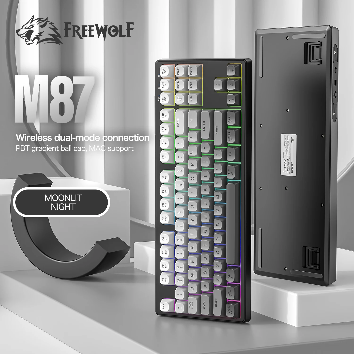

M87 Keyboard Wireless Dual-Mode with Gradient Colorway,FREEWOLF 87keys Bluetooth Keyboard with Rainbow-light RGB,PBT Ballcaps