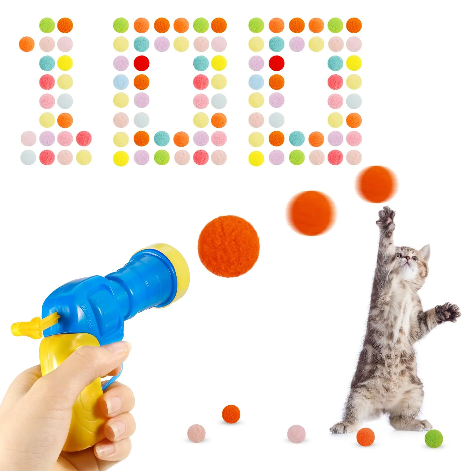 Cat Toy Balls,1 Cat Ball Launcher and 100Pcs 1.2inch Cat Pom Pom Balls Colorful and Soft Cat Balls Toys Cat Fetch Shooter for In