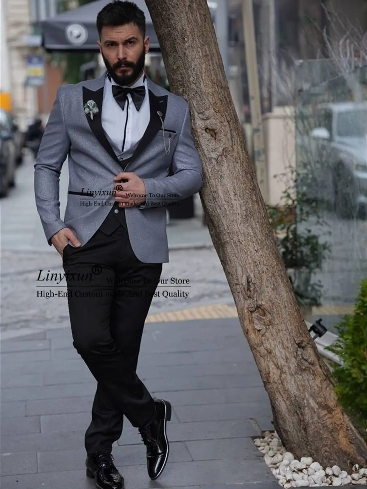 

Fashion Grey Wedding Suits For Men Peaked Lapel Slim Fit Groom Tuxedos 3 Pieces Sets Male Prom Blazer Groomsmen Costume Homme