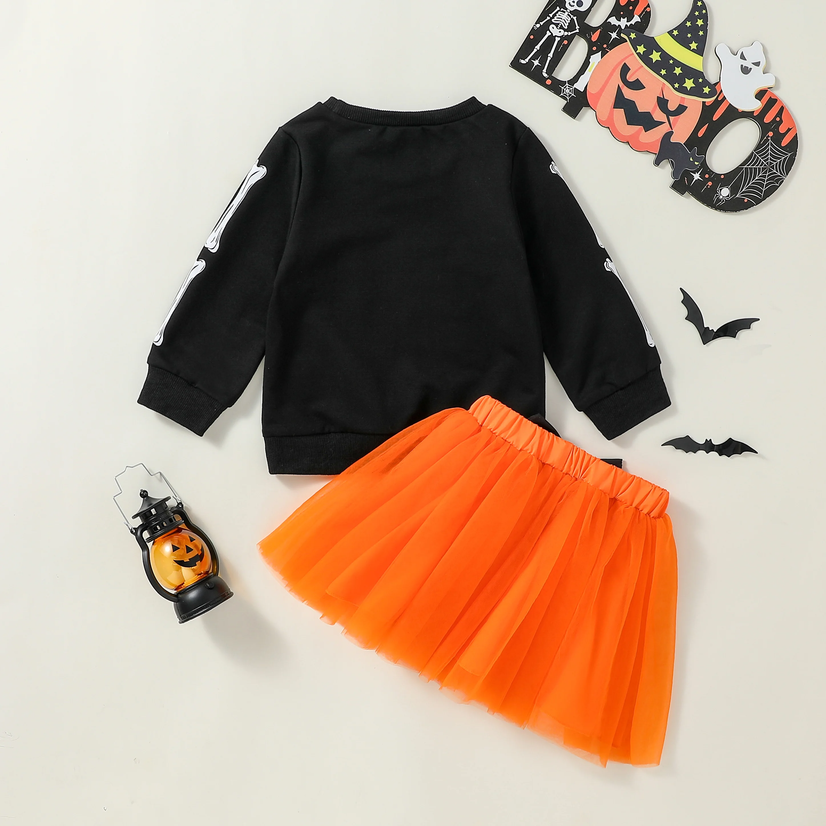 2024 Baby Black  Girls Halloween Sweatshirt Skeleton Print Crew-Neck Long Sleeve Pullover Tops + Novelty SkirtSet With Bow 6M-4Y