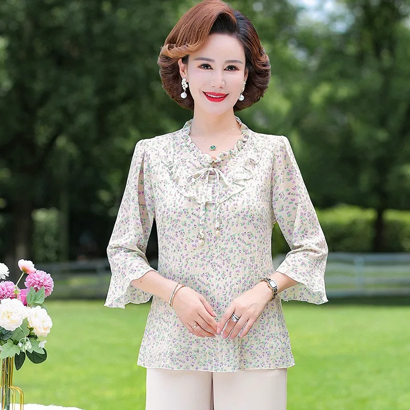 Women Summer Retro Vintage Elegant Office Lady Shirts Casual Work Ribbon Peplum printing Tops Blouses