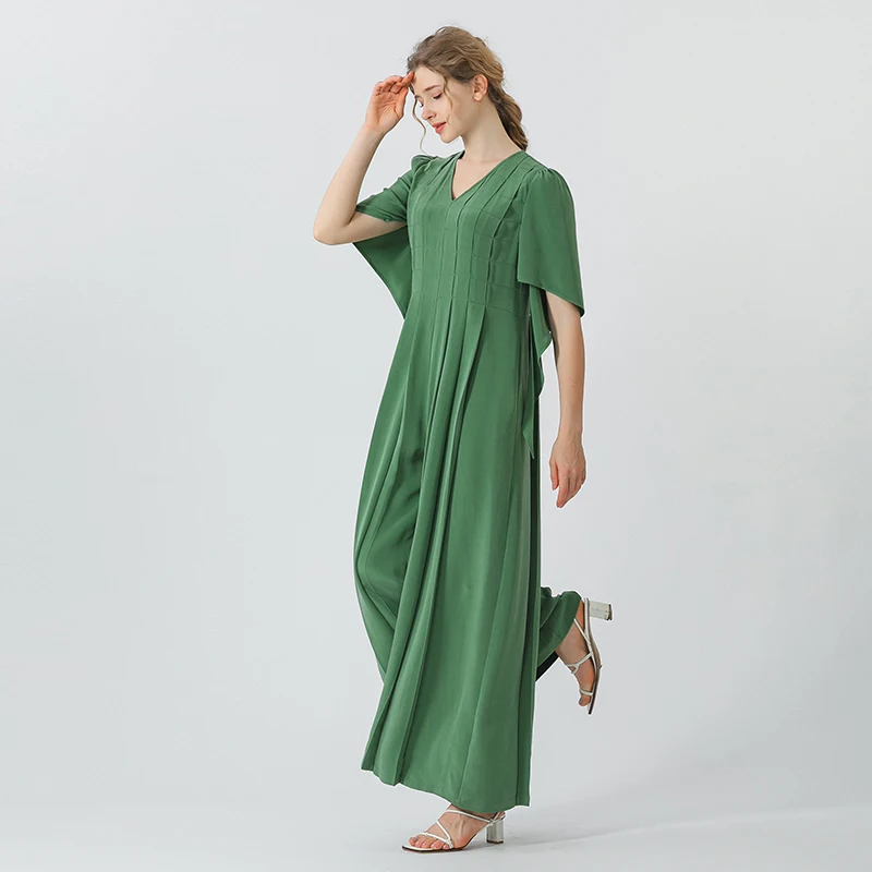 Matcha Green 30 Momme Heavyweight Mulberry Silk V-neck Short Sleeve Side Pocket Silk Wide Leg Jumpsuit for Women KE759