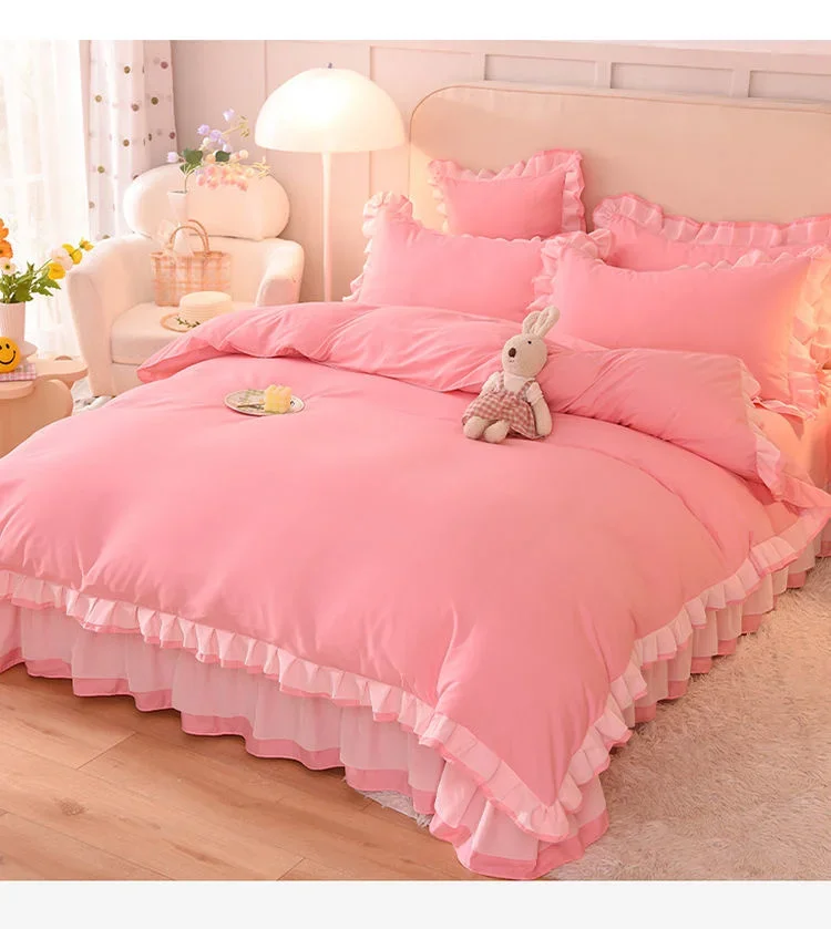 

Pink Princess Girls Ruffle Lace Bedding Sets Luxury Quilt Cover Bed Sheet and Pillowcases Soft Bedclothes Decor Home