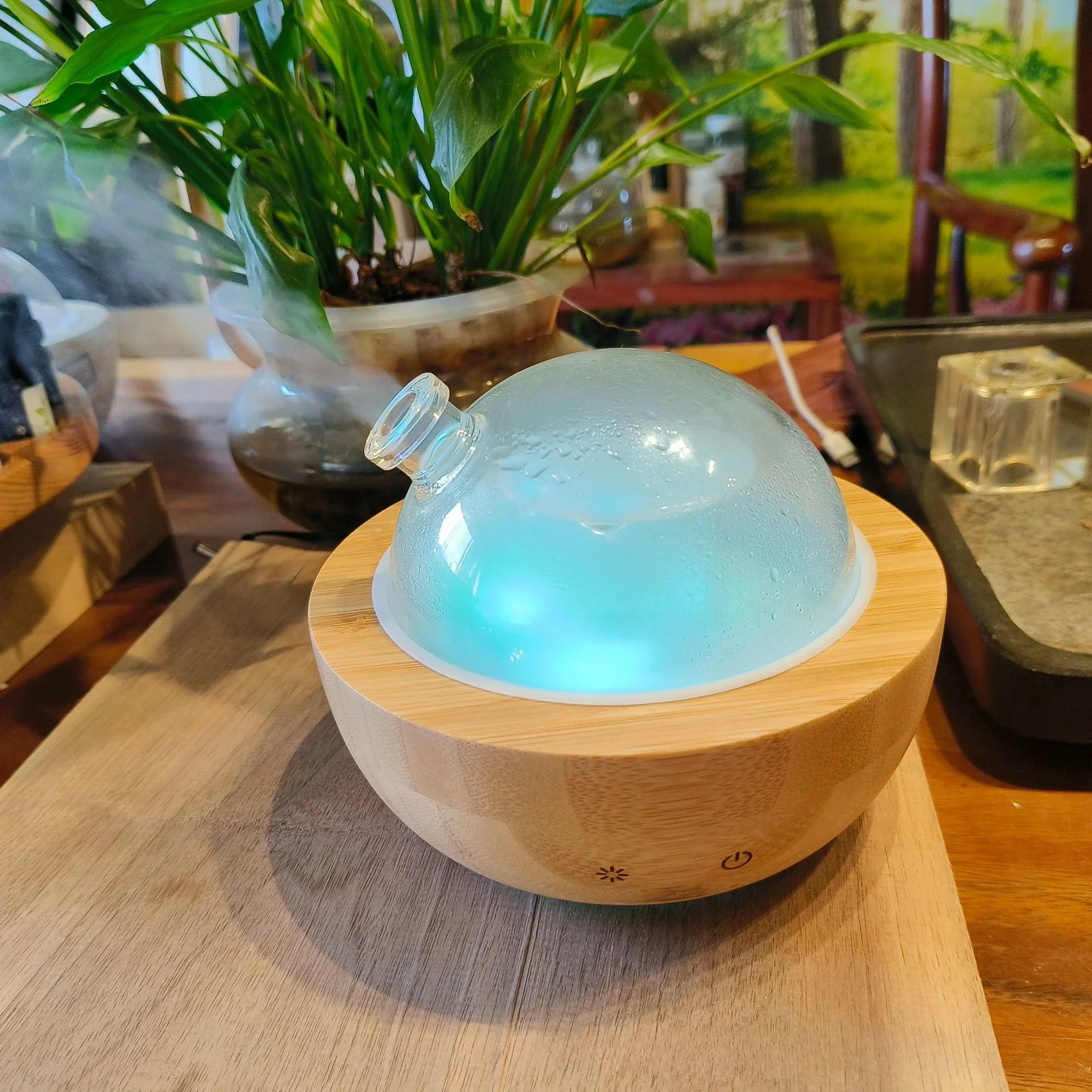 Glass Essential Oil Diffuser with Real Wood Base, 200ml Ultrasonic Aromatherapy Diffuser, Glass Dome Humidifier, LED Light Avail