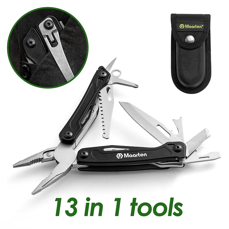 13-In-1 Multitool with Safety Locking, Professional Stainless Steel Multitool Pliers Pocket Knife, Bottle Opener, Screwdriver wi