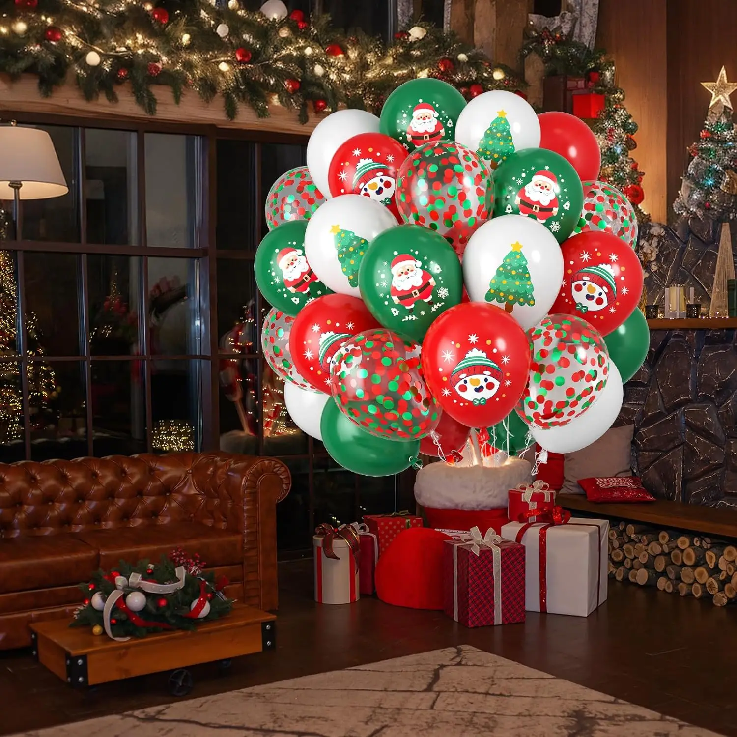 Christmas Balloons 12 inch Red Green Confetti Balloons Printed Santa Snowman and Christmas Tree for Christmas Party Decorations