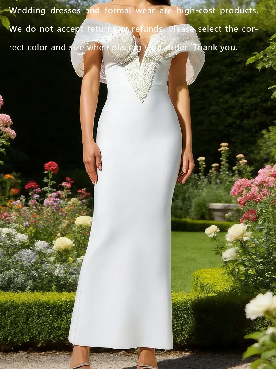Chic Off The Shoulder Beads Sleeveless Ankle Length Straigh Bride Wedding Dresses Bridal Gowns Customized