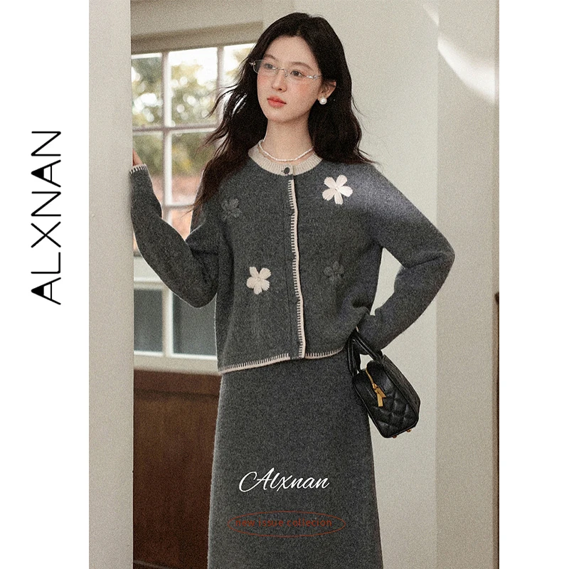 

ALXNAN Women Winter Cardigan Warm Dark Gray Round Neck Floral Sweater Fashion Ladies Knit Outerwear Long Sleeve Knitwear L60823