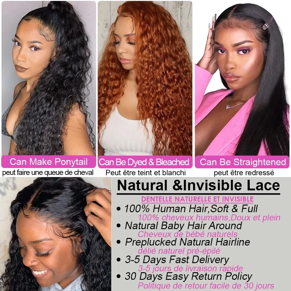 Perruque Lace Closure Wig Remy 100% Naturelle, Cheveux Bouclés, Deep Wave, 13x4, 13x6, HD, 4x4, Pre-Plucked, Densité 200, pour Femme