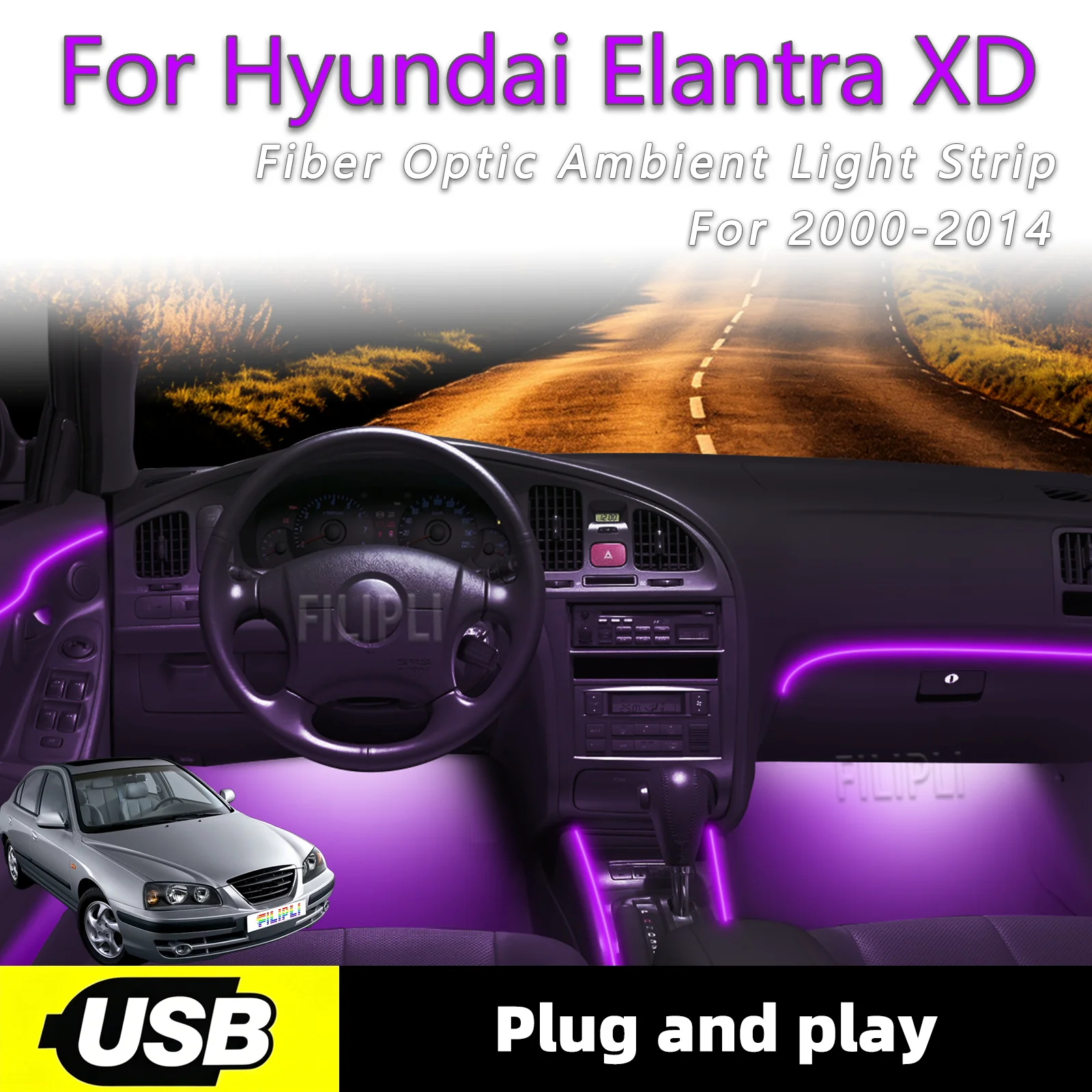 Ambient Lighting For Hyundai Elantra XD 2000-2014 Year USB Interface  Interior Ambient Lighting Strip Fiber Optic Plug and play