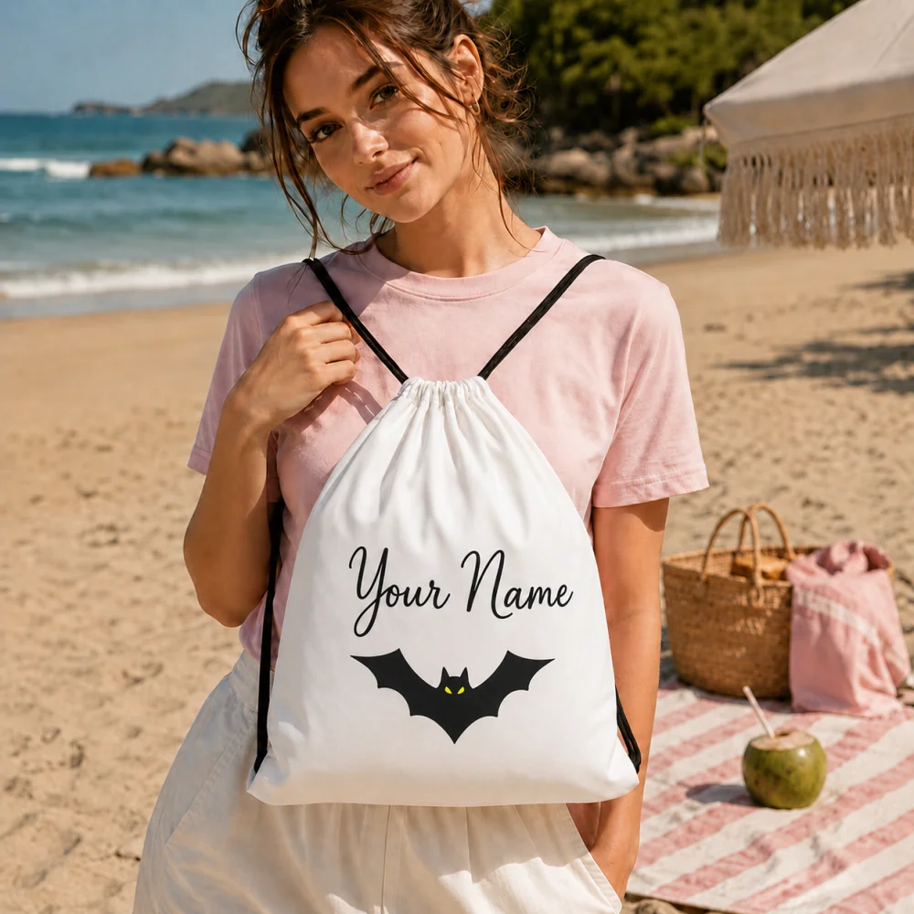 Personalized Halloween Bat Drawstring Bag Custom Name Black Bat String Backpack for Kids Gym Travel Party