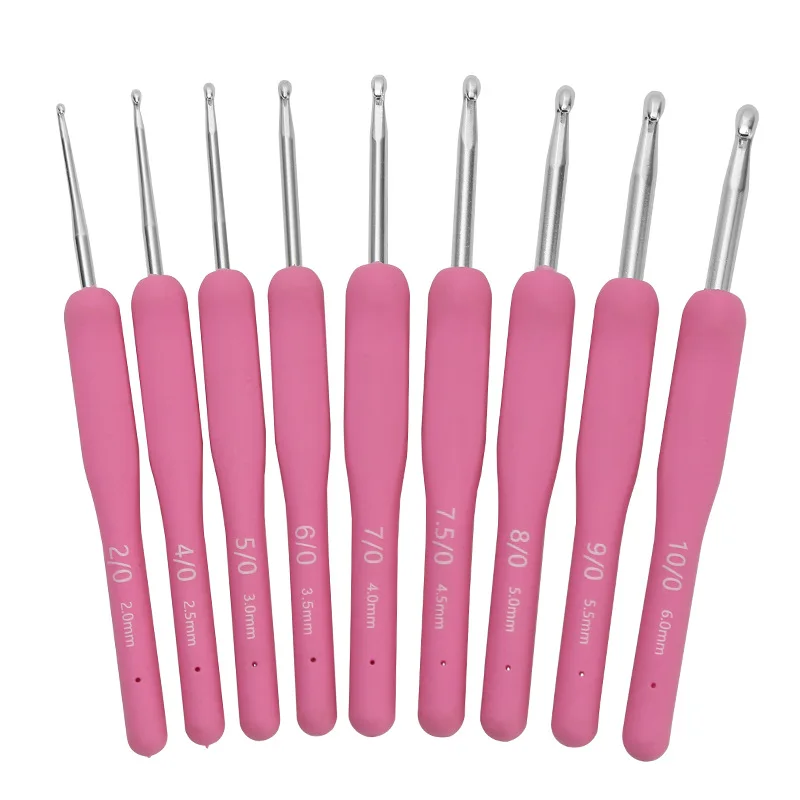 9pcs Pink Soft Handle Ergonomic Crochet Hooks Kit 2-6mm Aluminum Needle Head Crochet Set DIY Handmade Weave Knitting Tools